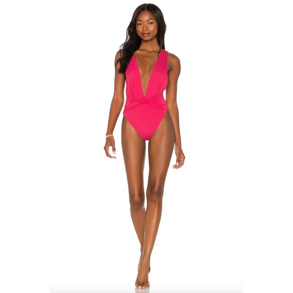 Agua Bendita Ellis Twist Front Plunge One-Piece Swimsuit Pink Womens Size Small - Picture 1 of 9